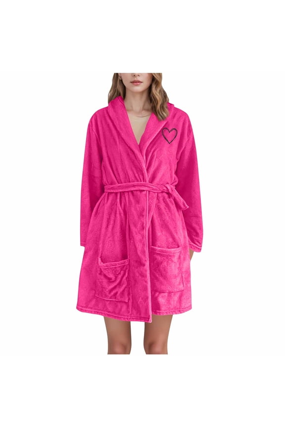 Women's Plush Fleece Hooded Robe Cozy Heart-Print Bathrobe Long Sleeve Thick Lined Sleepwear Loungewear for Women Sizes M-3XL