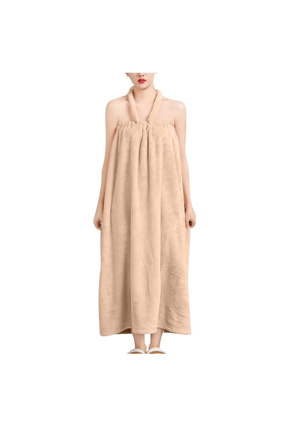 Women's Plush Halter Neck Bathrobe - Quick-Dry Solid Color Sleep Dress Free Size Loungewear for Women | Morning Pajamas with Soft Fleece Lining