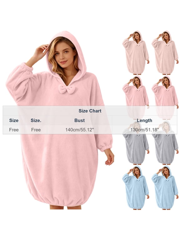 Women's Plush Robe Hooded Blanket Long Sleepwear Warm Loungewear Soft Bathrobe Fuzzy House Coat Oversized Wearable Blanket with Bow Tie Solid Absorbent Shower Wrap Homewear Free Size