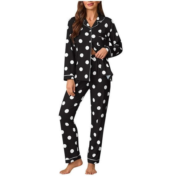 Tnhcen Women's Polka Dot Print Button Front Sleepwear Set - Casual Loungewear Outfit with Long Sleeve Pants, Size Inclusive Homewear for S-XL Ladies