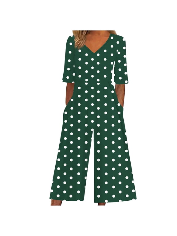 Women's Polka Dot Print Jumpsuit V-Neck Back Zipper Side Pockets Stretchy Fabric Summer Romper Cotton-Like Comfort S-2XL Multiple Colors Available