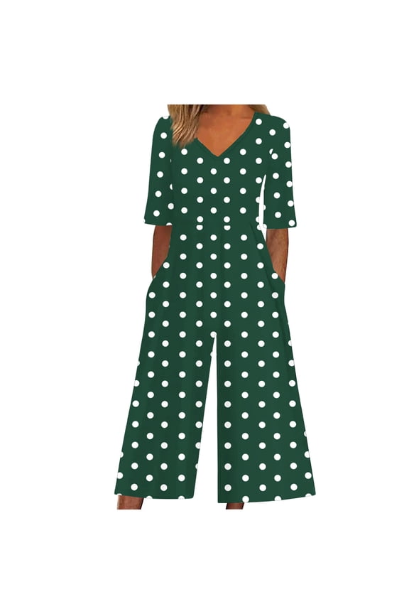 Women's Polka Dot Print Jumpsuit V-Neck Back Zipper Side Pockets Stretchy Fabric Summer Romper Cotton-Like Comfort S-2XL Multiple Colors Available