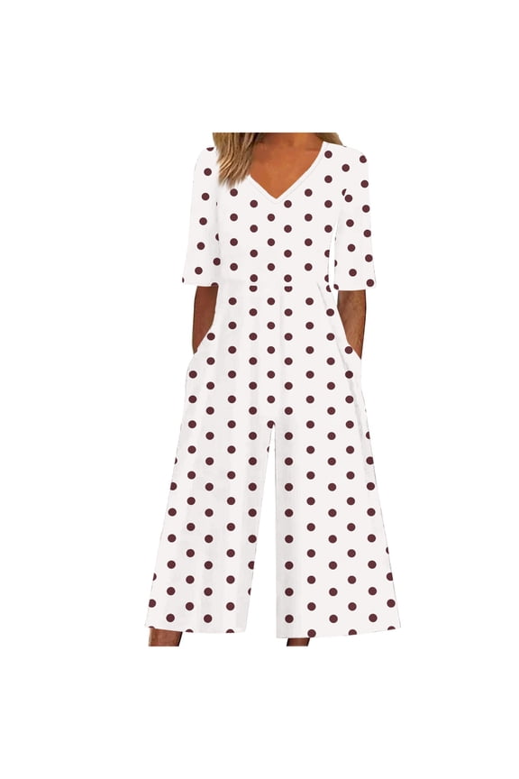Women's Polka Dot Print Jumpsuit V-Neck Back Zipper Side Pockets Stretchy Fabric Summer Romper Cotton-Like Comfort S-2XL Multiple Colors Available