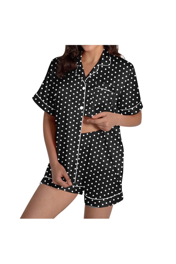 Women's Polka Dot Print Short Sleeve Short Pants Pajama Set with Collar & Pocket, 95% Polyester 5% Spandex Modal Spandex Blend, Loose Sleepwear for Women, S-2XL