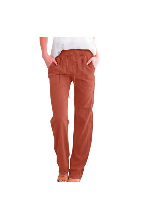 Women's Pre-Shrunk Cotton-Like Poly Elastic Waist Drawstring Pocketed Straight Leg Casual Pants-S-3XL | Soft Stretchy Sporty & Stylish Pants