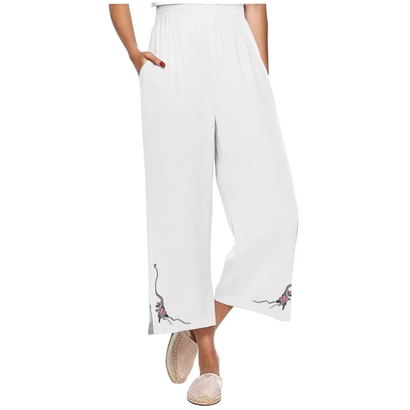 Tnhcen Women's Pre-Shrunk Linen-Cotton Wide Leg Pants - Embroidered 9-Inch Hem Wide Leg Straight Pants with Elastic Waistband Lightweight Comfy Casual Trousers for Women S-2XL