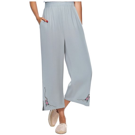 Tnhcen Women's Pre-Shrunk Linen-Cotton Wide Leg Pants - Embroidered 9-Inch Hem Wide Leg Straight Pants with Elastic Waistband Lightweight Comfy Casual Trousers for Women S-2XL