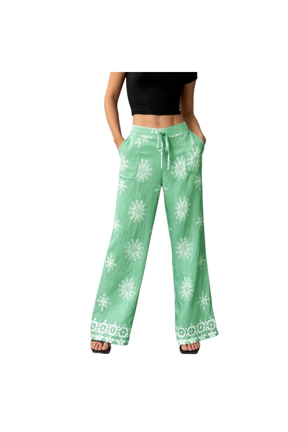 Women's Print High Waist Elastic Waist Wide Leg Pants with Pockets, Nylon Spandex Matte Loose Fit Casual Palazzo Trousers for Women, S-XL