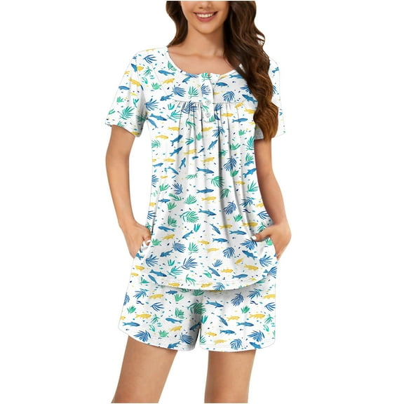 Tnhcen Women's Print Pajama Sets 2 Piece Lounge Outfits Sleepwear V Neck Short Sleeve Shorts With Pockets Ladies Summer Pjs S-3XL
