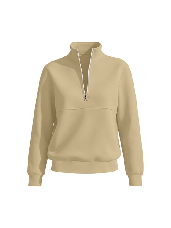 Women's Quarter Zip Pullover Fleece Lined Stand Collar Sweatshirt Solid Color Long Sleeve Casual Workout Top Autumn Winter Plus Size S-2XL