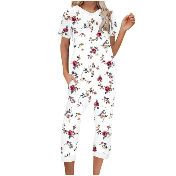 Tnhcen Women's Quick Dry Sleepwear Set V-Neck Short Sleeve Top Breathable Capri Pants with Pockets Moisture Wicking Fabric Pajamas Set S-2XL