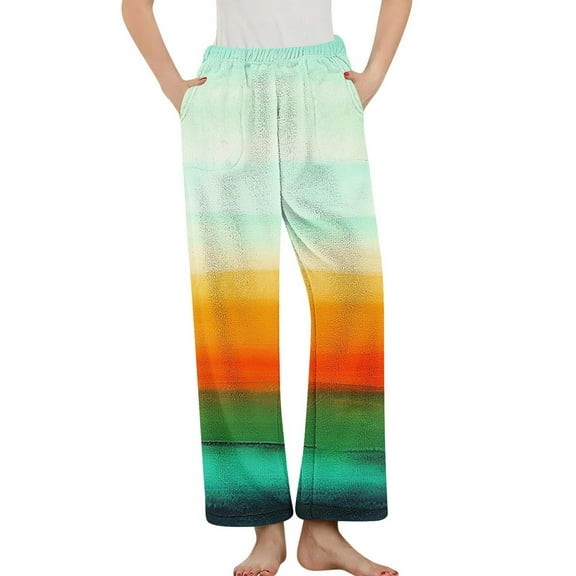 Tnhcen Women's Rainbow Striped Pajama Pants Fleece Elastic Waist with Pockets Flannel Lounge Sleepwear Warm Soft S-3XL