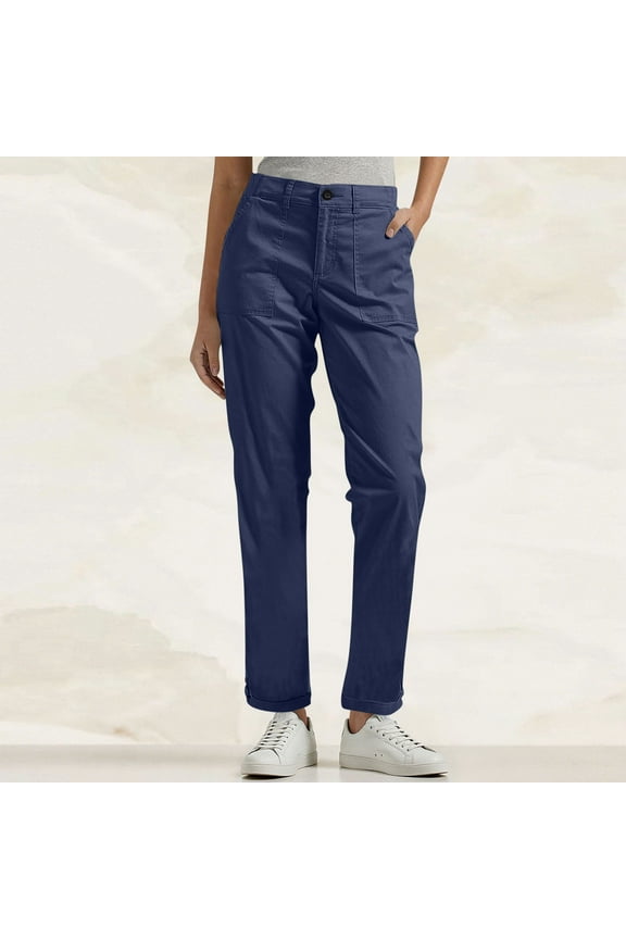 Women's Relaxed Cargo Pants - S-5XL Wide Leg Button Close Basic Workwear Pants with Pockets | Casual Stretchy Trousers for Women