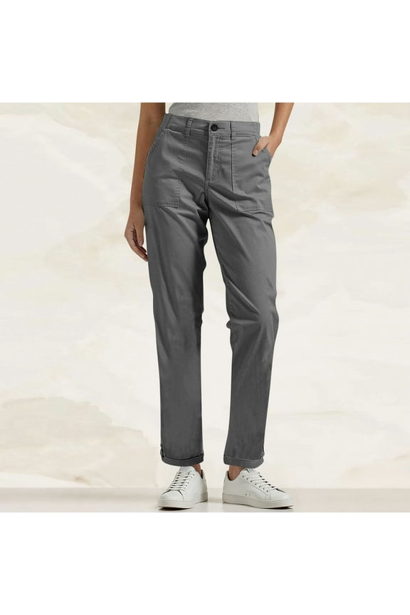 Women's Relaxed Cargo Pants - S-5XL Wide Leg Button Close Basic Workwear Pants with Pockets | Casual Stretchy Trousers for Women