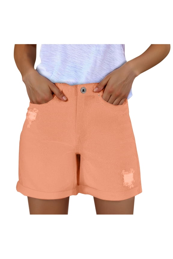 Women's Retro Distressed Jean Shorts with Pockets - High Waisted Button Closure Soft 100% Denim Stretchy Fit for Summer Casual Chic Style Flattering Silhouette S-2XL
