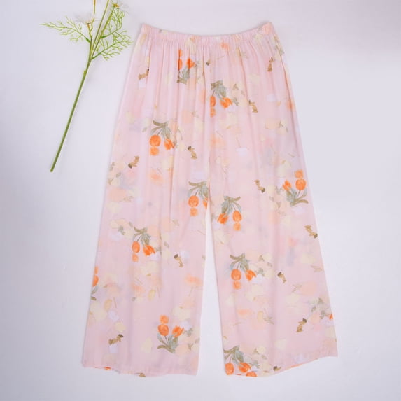 Tnhcen Women's Retro Floral Print Cotton Wide Leg Pajama Pants - Loose Fit Ankle-Length Pants Sleepwear & Loungewear Soft Breathable Wide Leggings for Women Plus Size Casual Home Pants (XL)