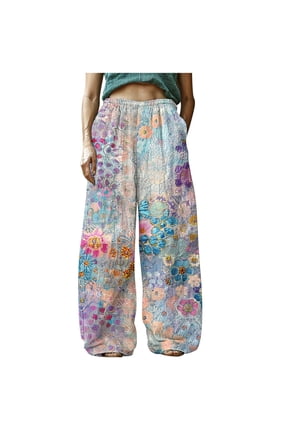 Women's Retro Floral Print Linen Cotton Palazzo Pants Elastic Waist Boho Wide Leg Trousers with Pockets S-2XL Plus Size