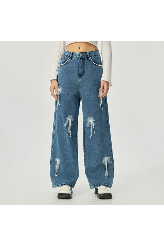 Women's Retro Pearl Lace Embellished High Waisted Straight Leg Jeans - Classic Casual Pocket Jeans with Beaded Embroidery Relaxed Fit Denim for Women Vintage Washed Jeans XS-XL