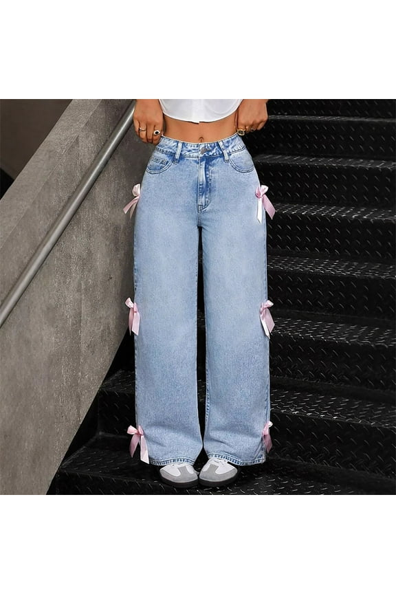 Women's Retro Straight Leg Jeans High Waisted Distressed Denim Side Bowknot Decor Casual Baggy Fit for Women XS-XL