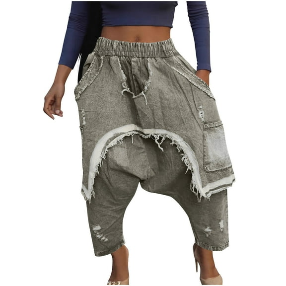 Tnhcen Women's Retro Wide Leg Jeans 100% Denim Elastic Waistband Low Rise Vintage Distressed Baggy Trousers S-2XL Plus Size