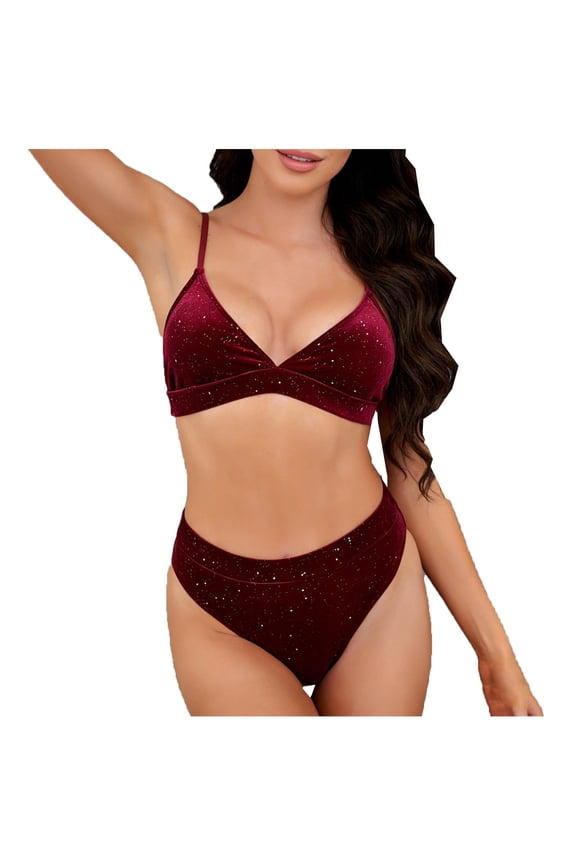 Women's Rhinestone Padded High Waisted Bikini Set 2Pc, 100% Polyester Velvet Push Up Swimwear Swimsuit for Vacation Beach