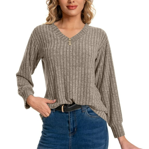 Tnhcen Women's Ribbed Knit Sweater V-Neck Button Front Top Soft Polyester Pullover Long Sleeve Casual Comfort Wear S-2XL Sizes