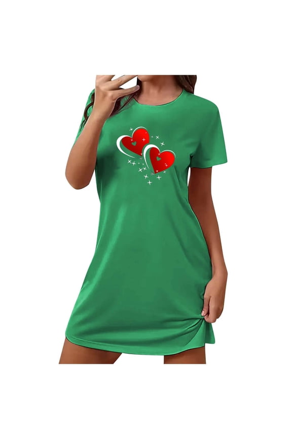 Women's Romantic Heart Design Sleep Dress Short Sleeve Crew Neck Short Dress Soft Polyester Spandex S-2XL Plus Size for Home/Evening Relaxation