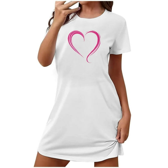 Tnhcen Women's Romantic Heart Pajama Dress Short Sleeve Crew Neck Short Dress Cute Print Soft Polyester Spandex S-2XL for Sleeping/Relaxing