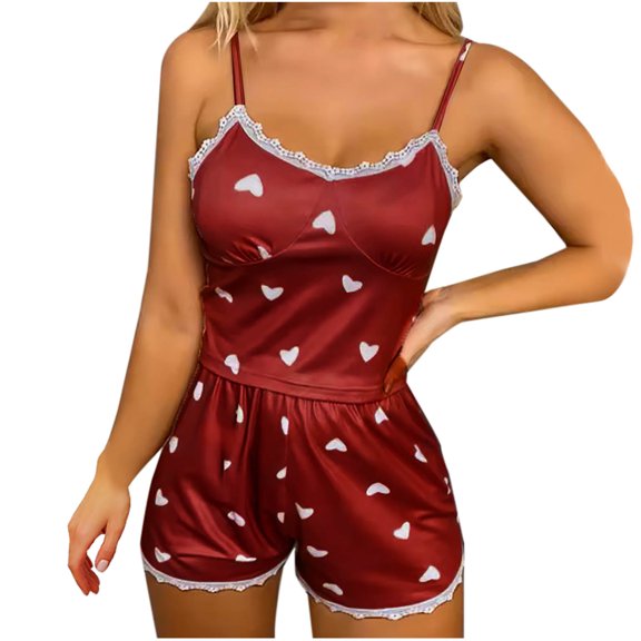 Tnhcen Women's Round Neck Heart Print Tank & High-Waisted Elastic Shorts Lace Border Sleepwear Set Sexy Pajamas Lounge wear S to 2XL