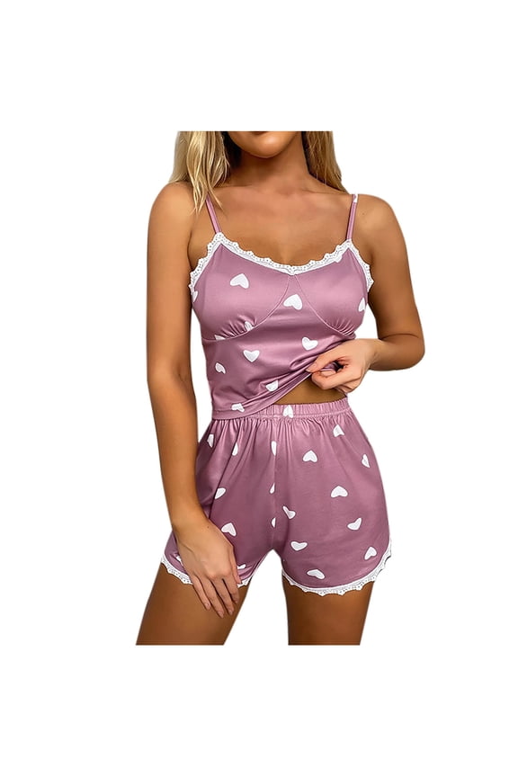 Women's Round Neck Heart Print Tank & High-Waisted Elastic Shorts Lace Border Sleepwear Set Sexy Pajamas Lounge wear S to 2XL