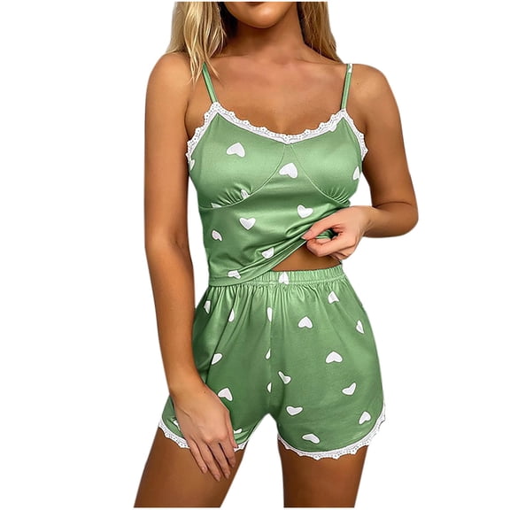 Tnhcen Women's Round Neck Heart Print Tank & High-Waisted Elastic Shorts Lace Border Sleepwear Set Sexy Pajamas Lounge wear S to 2XL