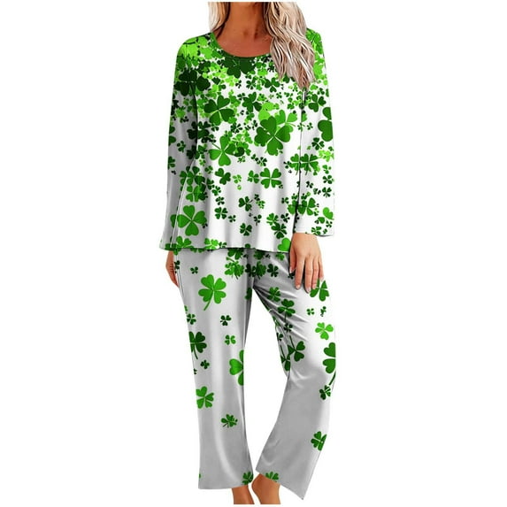 Tnhcen Women's Saint Patrick's Day Print Pajama Set Long Sleeve Plus Size Sleepwear Soft Polyester Spandex Matching Top Pants Loungewear Costume