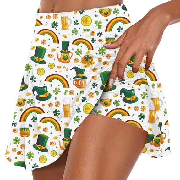 Tnhcen Women's Saint Patrick's Day Tennis Skirt High Waist 4 Way Stretch Built - in Shorts Running Skirt Yoga Skirt Moisture Wicking Athletic Skirt for Sports Workout Green Shamrock Print