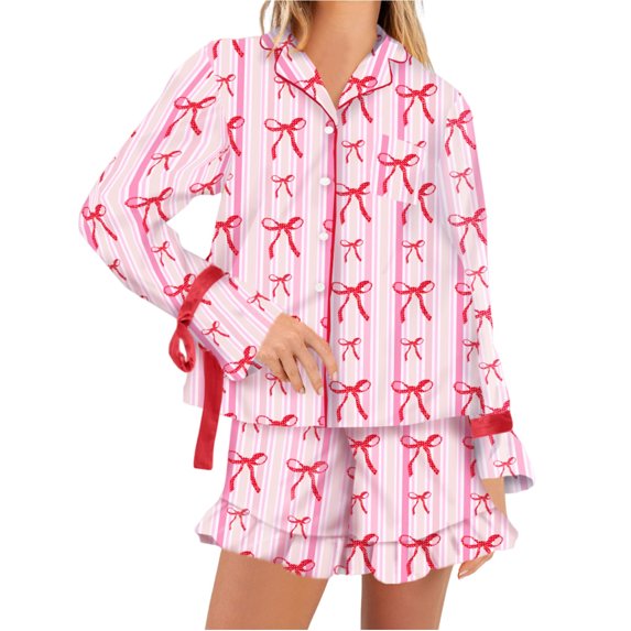 Tnhcen Women's Satin Long Sleeve Turn - down Collar Print Pajama Set with Bowknot Detail Elastic Cuffed Sleeves Casual Sleepwear Loungewear Home Wear Outfit for Women S - 2XL