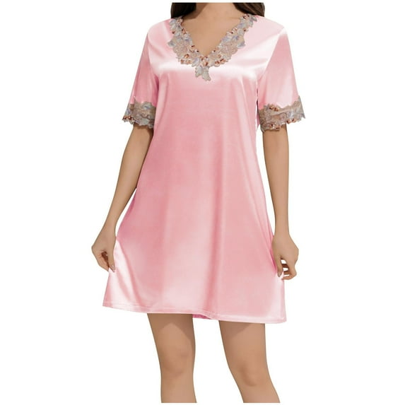 Tnhcen Women's Satin Nightgown V-Neck Sleepwear Bridal Loungewear Short Sleeve Nightdress Soft Pajamas S-XL Multiple Colors Available Pink
