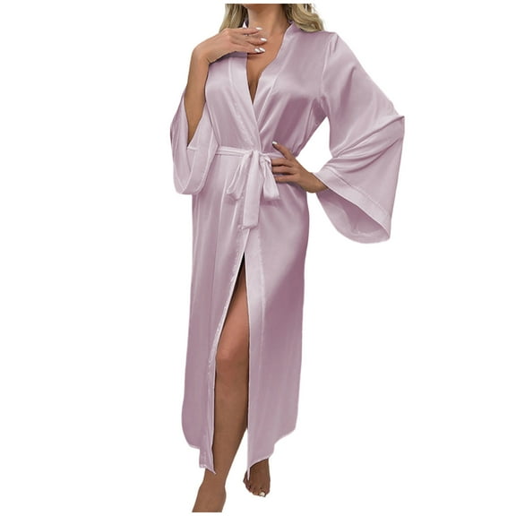 Tnhcen Women's Satin Robe Long Sleeve Loungewear Soft Sleepwear Comfortable Home Wear Loose Fit Nightgown S-L Pink