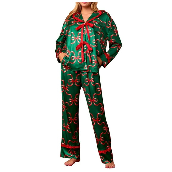 Tnhcen Women's Satin Silk Bow Tie Pajamas Cute Holiday Pjs Set Y2k Ribbon Sleeve Christmas Bow Print Pajama Shirt Ruffle Pants 2 Piece Lounge Pjs Sets Homewear S-L