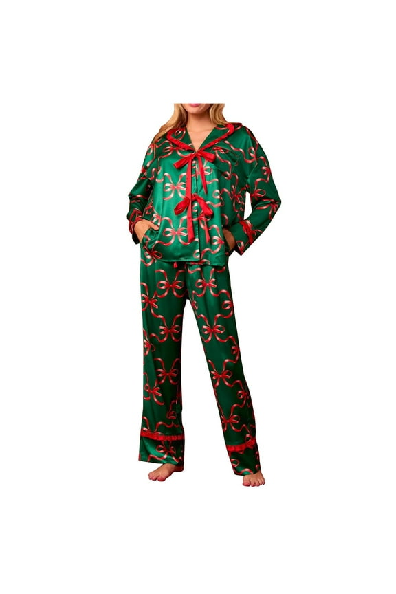 Women's Satin Silk Bow Tie Pajamas Cute Holiday Pjs Set Y2k Ribbon Sleeve Christmas Bow Print Pajama Shirt Ruffle Pants 2 Piece Lounge Pjs Sets Homewear S-L