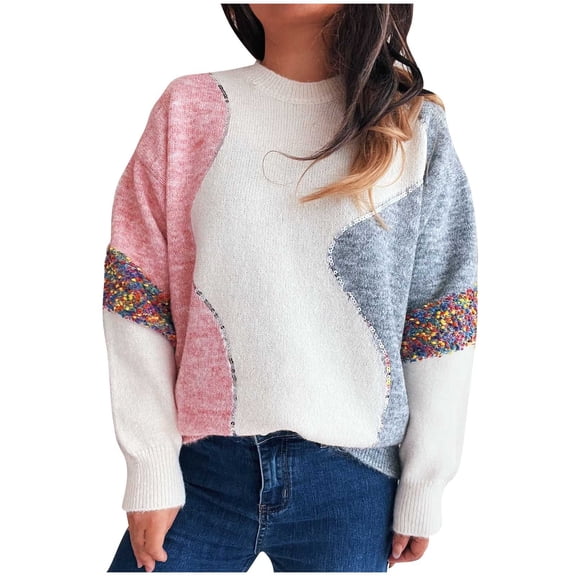 Tnhcen Women's Sequin Color Block Sweater Long Sleeve Round Neck Knit Top Soft Nylon Spandex Pullover Loose Fit Casual Fashion Top Sparkle Comfort Wear S-L