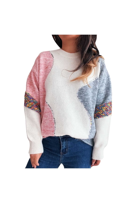 Women's Sequin Color Block Sweater Long Sleeve Round Neck Knit Top Soft Nylon Spandex Pullover Loose Fit Casual Fashion Top Sparkle Comfort Wear S-L