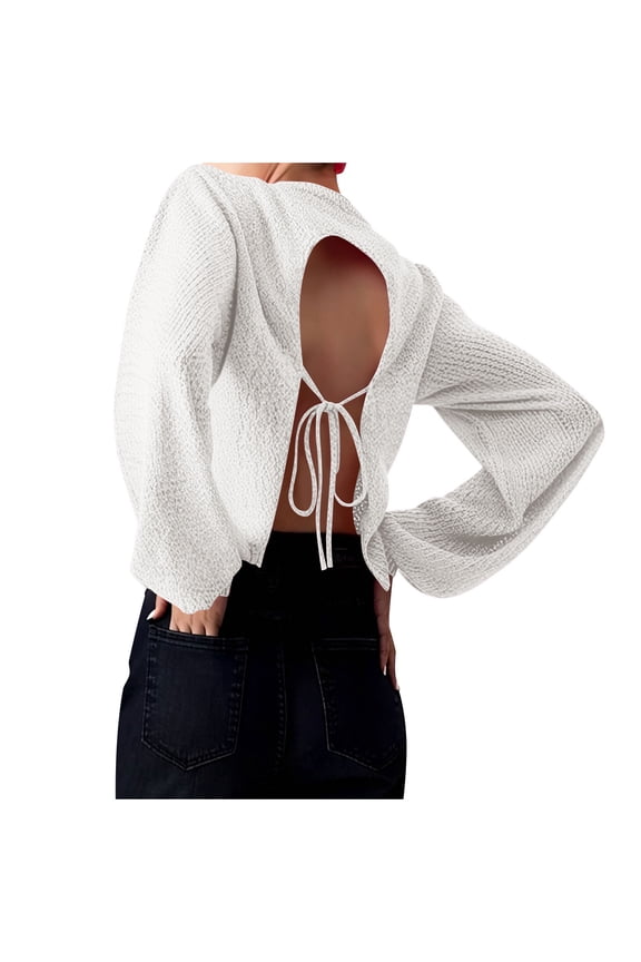 Women's Sexy Backless Sweater Tie Back Long Sleeve Top Loose Fit Stretchy Knit Nylon Spandex Matte Pullover Crew Neck Casual Chic S-L
