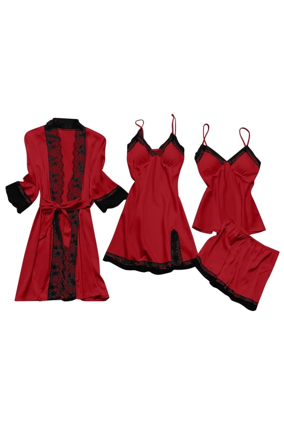 Women's Sexy Black Lace Trim 4-Piece Sleepwear Set Camisole + Sleep Dress + Shorts + Robe Plus Size Soft & Stretchy Loungewear 3XL-5XL