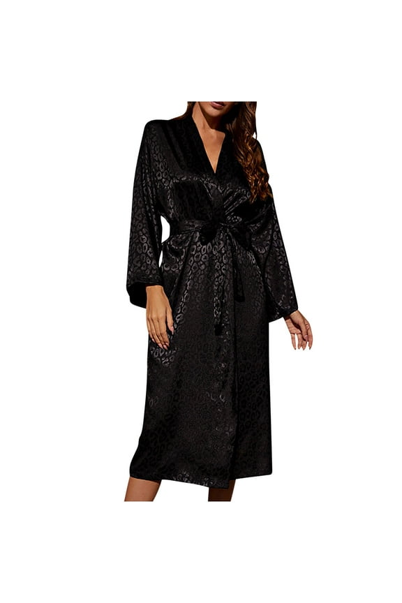 Women's Sexy Black Leopard Print Mid-Length Sleepwear Robe - Spandex Nylon Blend with Matching Belt Plus Size Pajamas Homewear (S-XL)