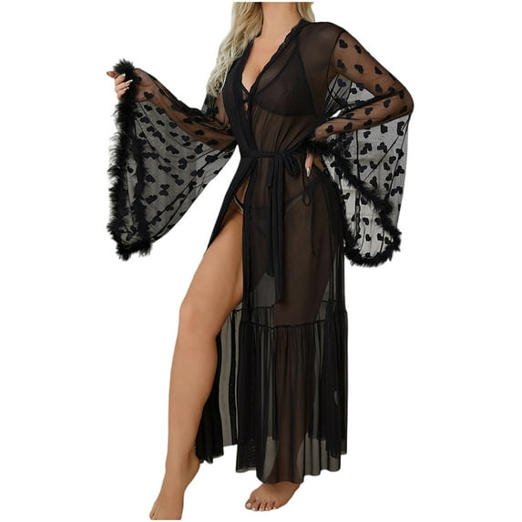 Tnhcen Women's Sexy Elegant Lace Tulle Sleep Dress - Solid Color Long Sleeve Waist Belt Pajamas Loungewear (S-L)