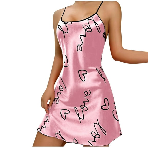 Tnhcen Women's Heart-Print Nightgown Silky Satin Sleepwear Spaghetti Strap Loose Nightdress Home Wear S-4XL Multiple Colors Available Pink