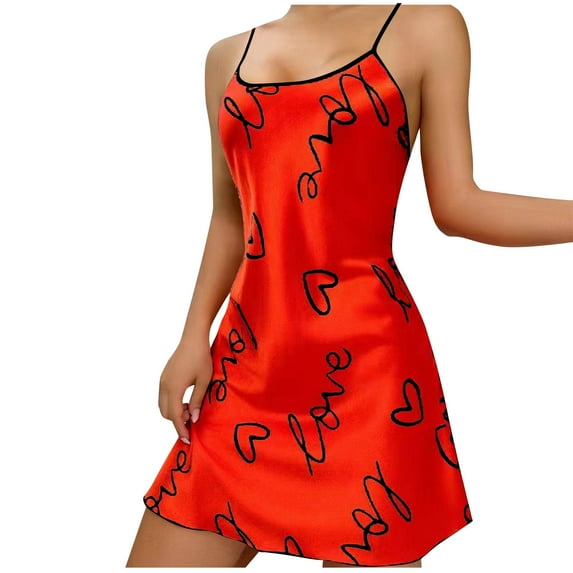 Tnhcen Women's Heart-Print Nightgown Silky Satin Sleepwear Spaghetti Strap Loose Nightdress Home Wear S-4XL Multiple Colors Available Red