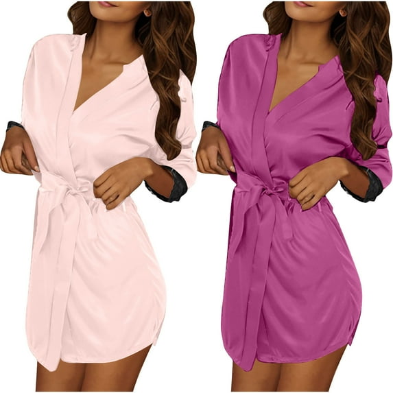 Tnhcen Women's Sexy Ice Silk 2PC Bathrobe Set – Mix & Match Different Colors Soft Nylon Spandex, Loose Short Sleeve Waist Belt Design Loungewear & Sleepwear at Great Value Free Size Beige+Purple