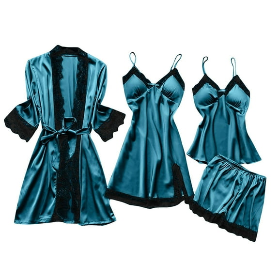 Tnhcen Women's Sexy Lace 4-Piece Sleepwear Set Padded Cups Robe + Tank Top + Cami + Shorts -Soft Loungewear S-3XL Sizes for All Body Types