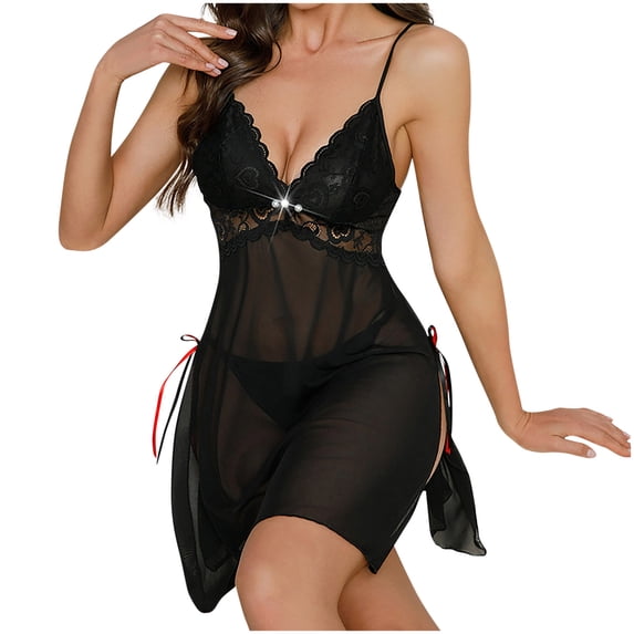 Tnhcen Women’s Sexy Lace Deep V-Neck Mesh Sleep Dress - Off-the-Shoulder Cami Pajamas with Side Slits Sheer Netting Nightgown for Women Soft Flirty Sleepwear for Cozy Nights S-L