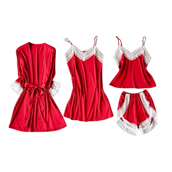 Tnhcen Women's Lace Trim Minimalist Sleepwear 4-Piece Set Camisole + Sleep Dress + Shorts + Robe S-2XL Pajamas Loungewear